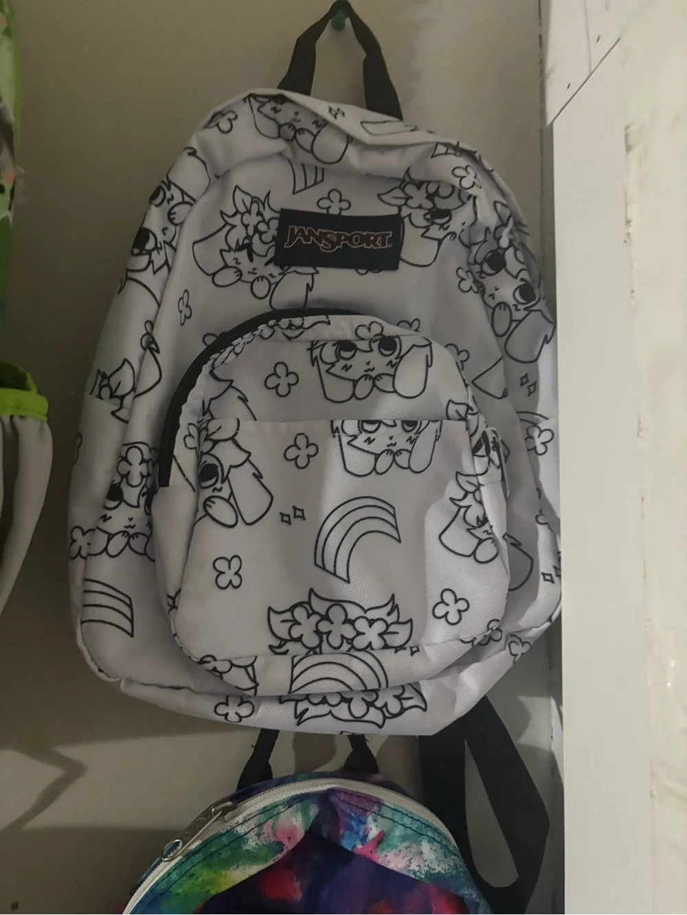 Jansport White Mini Backpack with Black Sketch Unicorn & Rainbow Print